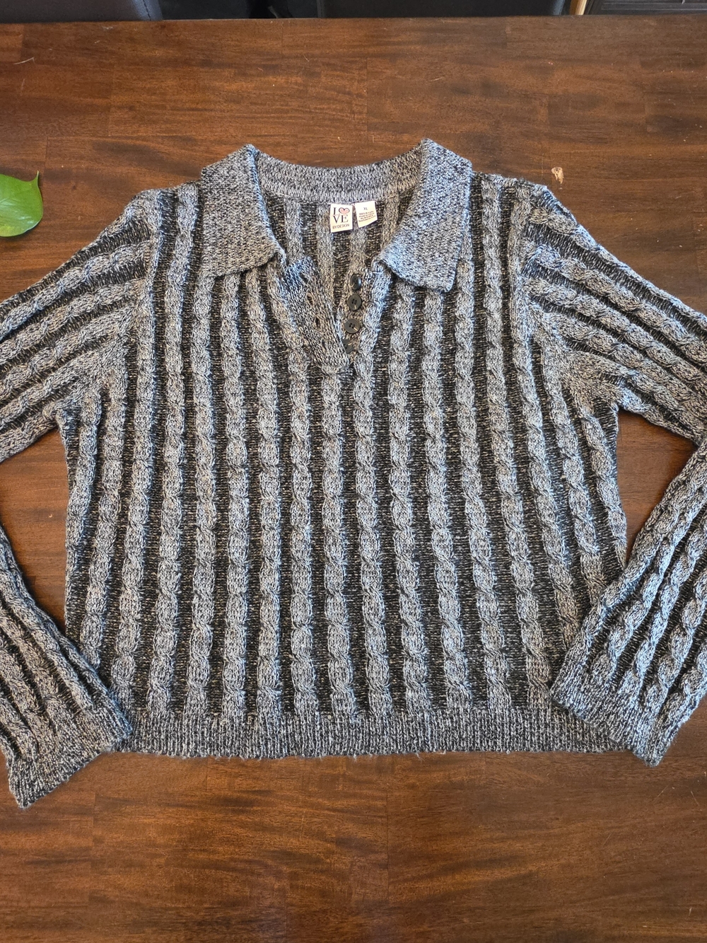 Love By Design Marled Gray & Black Vertical Stripe Collared Knit Sweater - XL